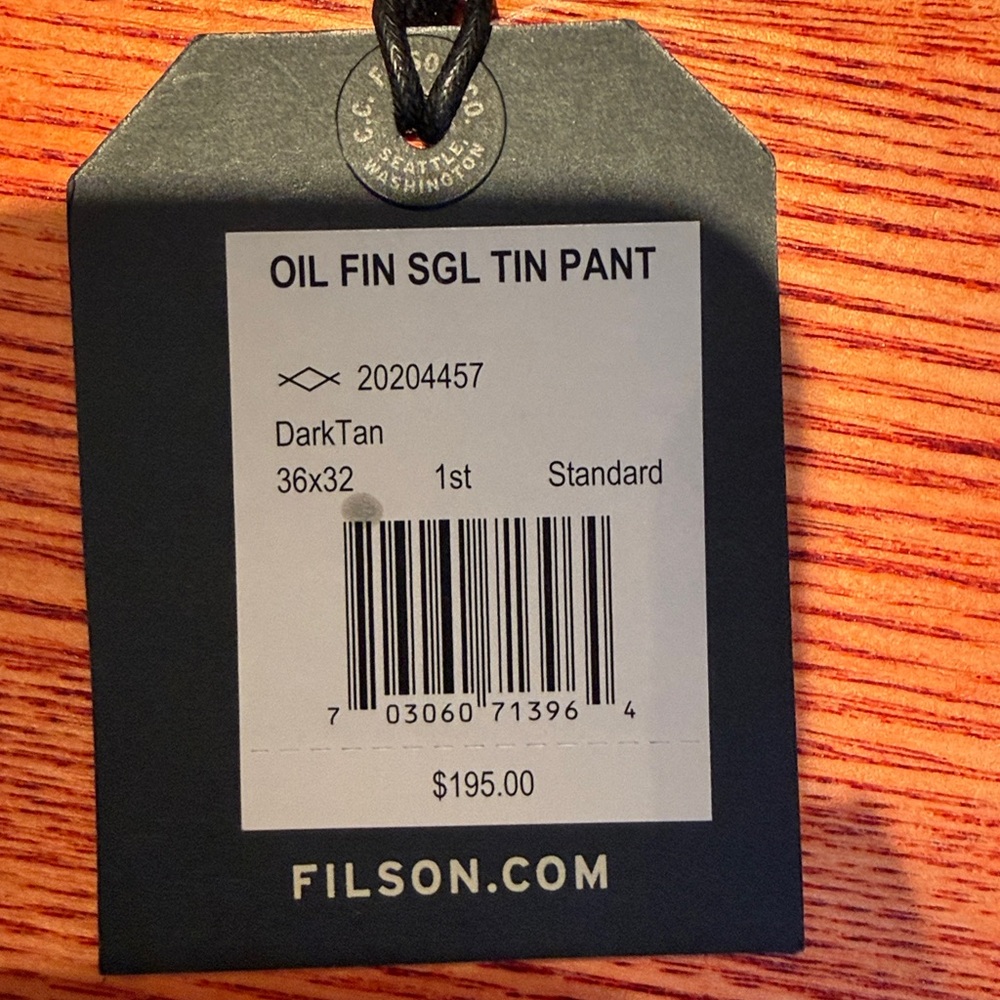 NWT Filson Men's Dark Tan Oil Finish Single Tin Pant Sz 36/32 - Picture 3 of 10